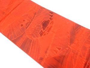 未使用品　纐纈　草木染　田舎風景模様織り出し全通袋帯(未仕立て)